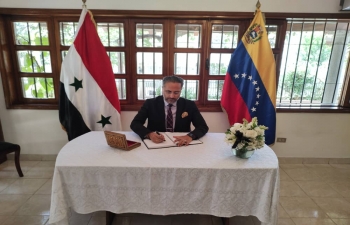Amb. Abhishek Singh signed the condolence book at the Syrian Embassy. Amb. Singh conveyed to Mr. Kenan Zaher Al Deen, Amb. of Syria, India's solidarity and support during the difficult times.